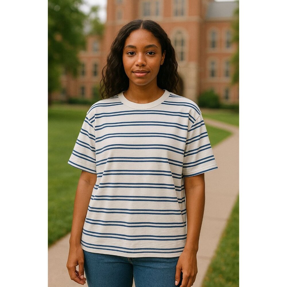 Madewell Cotton Relaxed Oversized Tee Women's Medium Lighthouse & Blue Stripe - Picture 3 of 16